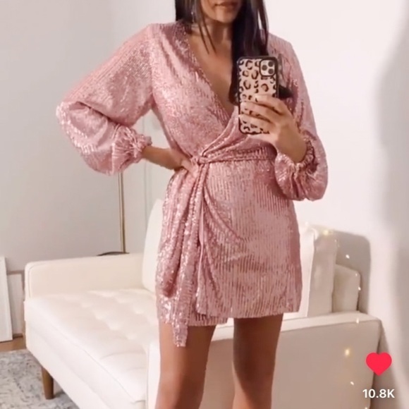 Club L London Pink Sequin long sleeve mini Wrap Dress - Picture 1 of 13
